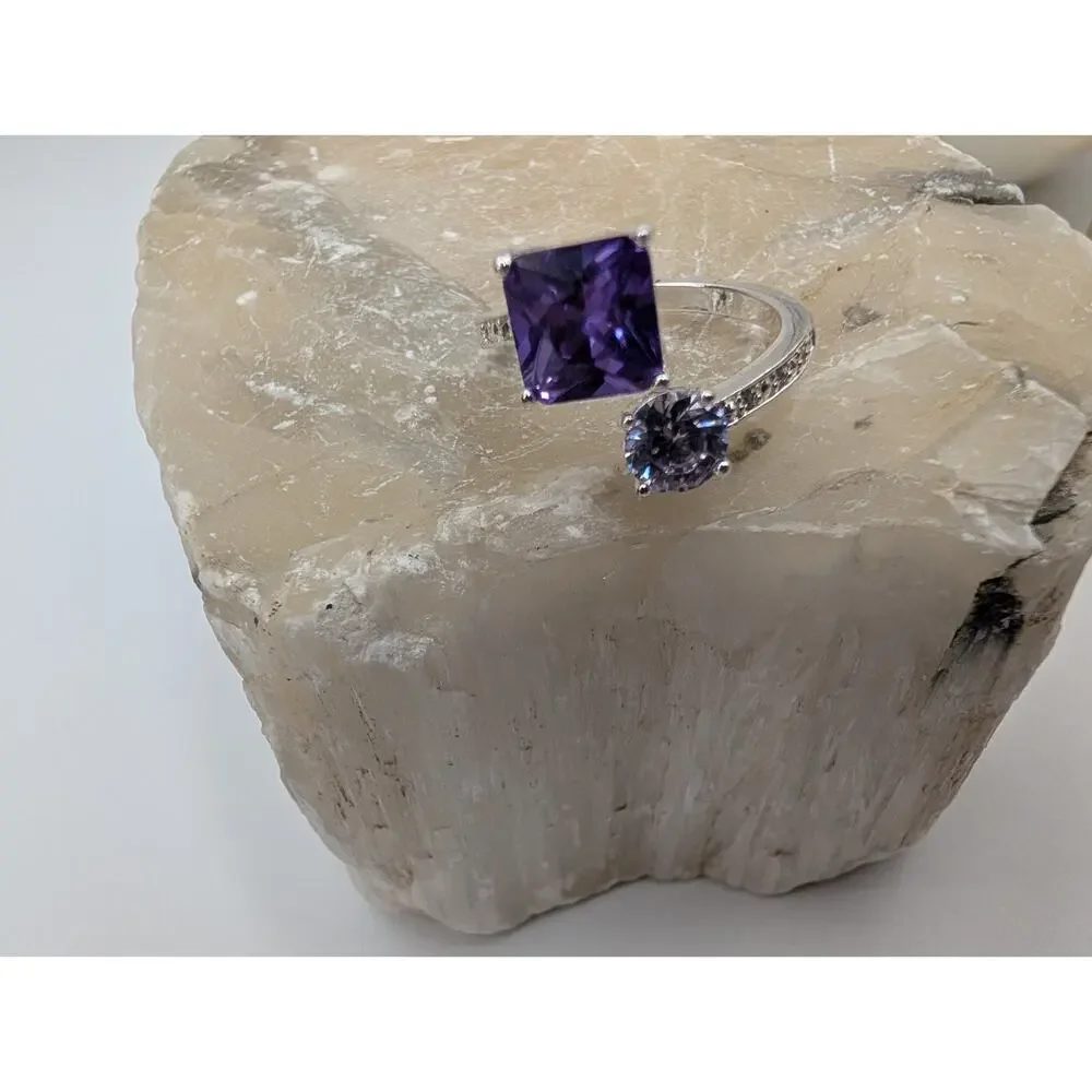 Fashion Silver Tone Bypass Ring Purple & Lavender Amethyst CZ Stones Size 7